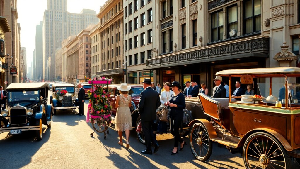 1920s Bustling City Street Scene – free AI stock image