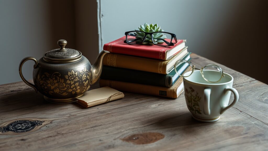 A Collection of Everyday Objects on a Rustic Wooden Table image – free AI stock image