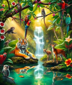 A Colorful Jungle Gathering of Animals – free AI stock image