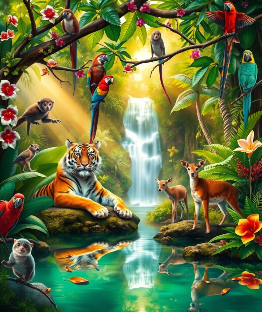 A Colorful Jungle Gathering of Animals – free AI stock image