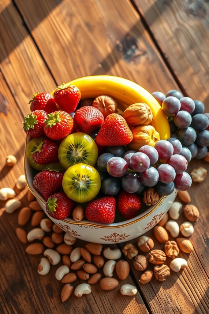 A Colorful Spread of Fresh Fruits and Nuts – free AI stock image