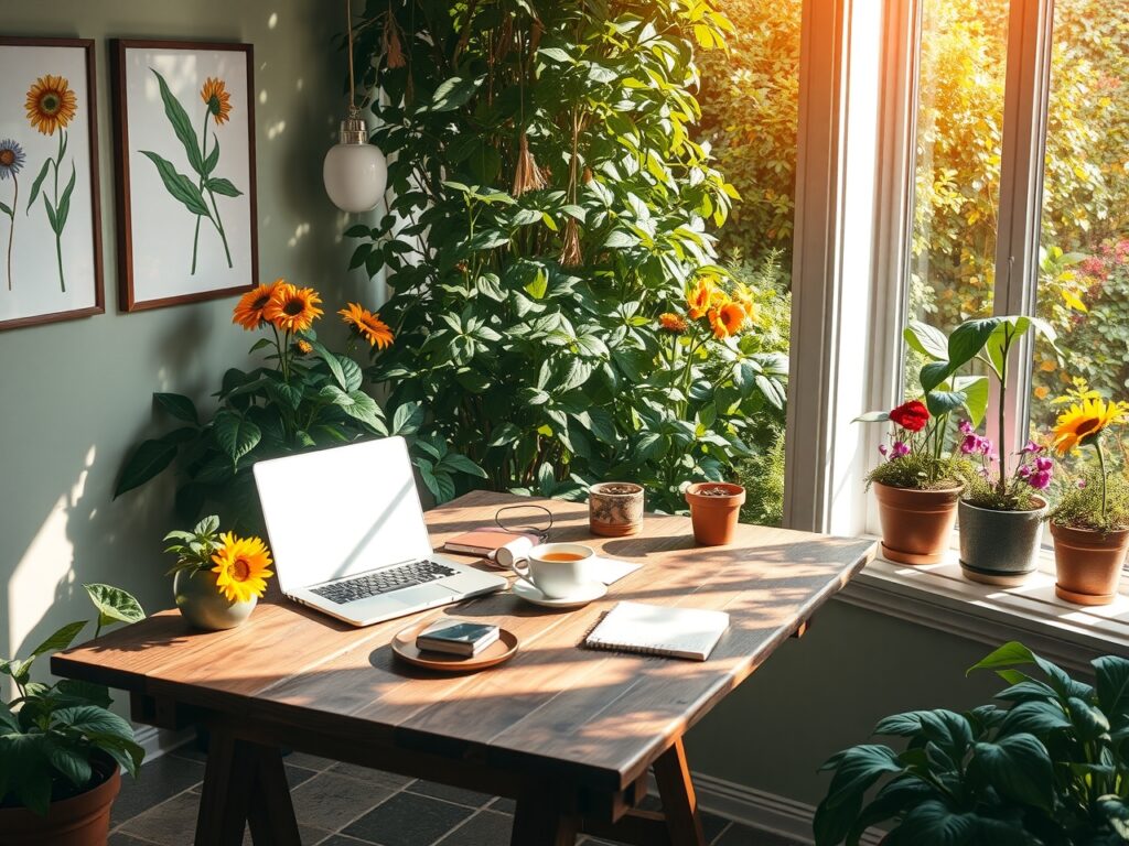 A Cozy Home Office Surrounded by Nature – free AI stock image