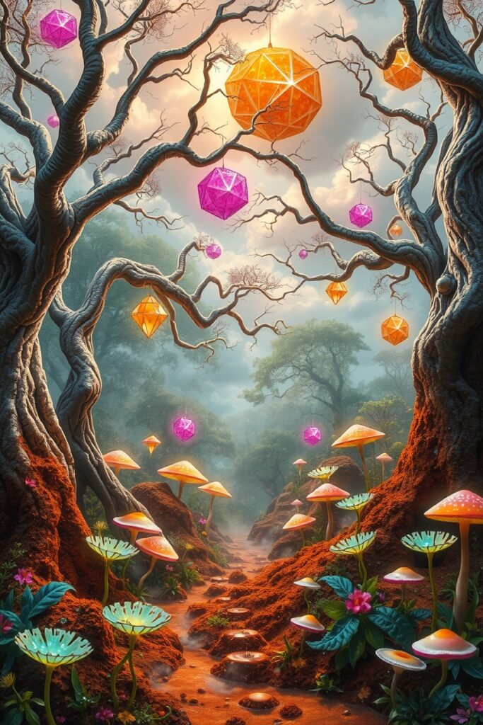 A Dreamlike Forest of Floating Shapes – free AI stock image