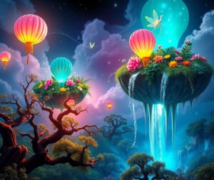 A Dreamy Forest with Floating Islands – free AI stock image