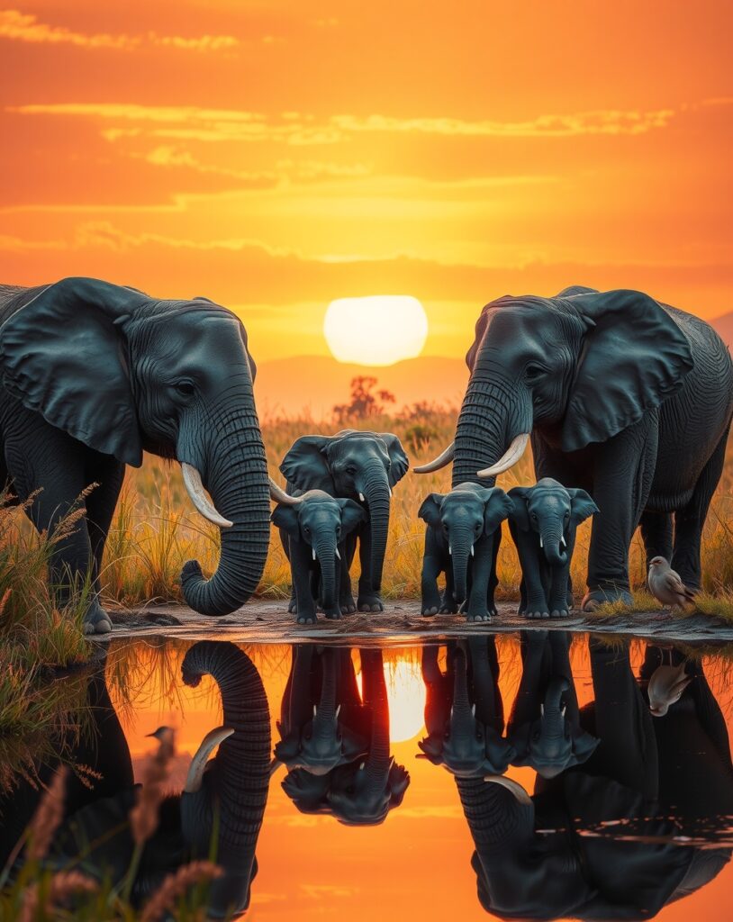 A Family of Elephants by the Waterhole – free AI stock image