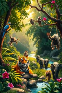 A Gathering of Colorful Jungle Animals – free AI stock image