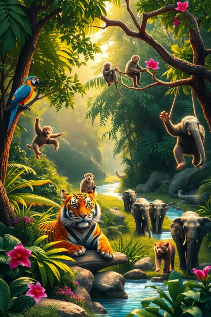 A Gathering of Colorful Jungle Animals – free AI stock image