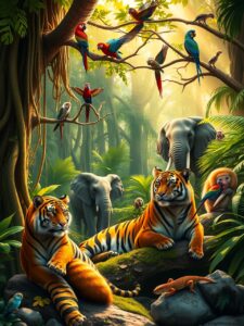 A Gathering of Colorful Jungle Animals – free AI stock image