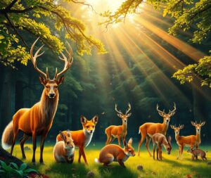 A Gathering of Forest Animals at Dawn – free AI stock image