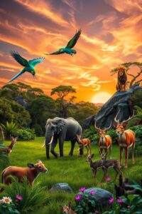 A Gathering of Majestic Wildlife at Sunset – free AI stock image
