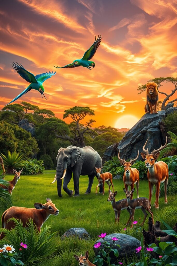 A Gathering of Majestic Wildlife at Sunset – free AI stock image