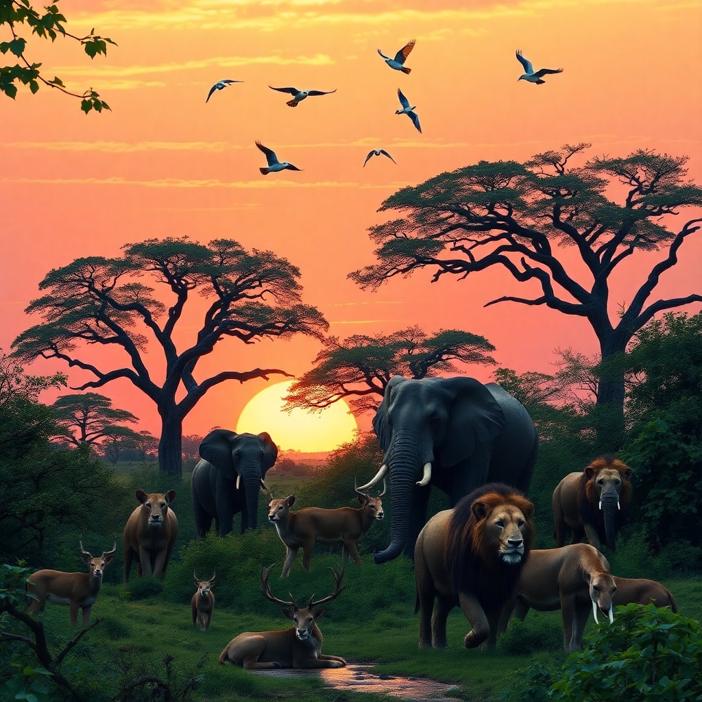 A Gathering of Majestic Wildlife at Sunset – free AI stock image