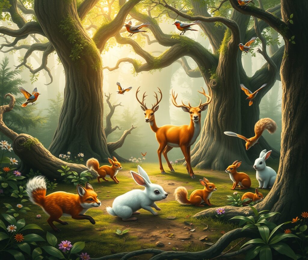 A Gathering of Playful Forest Animals – free AI stock image