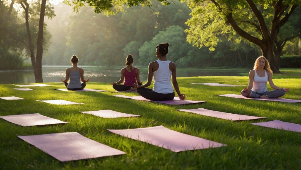 A Group Practicing Yoga in Nature – free AI stock image