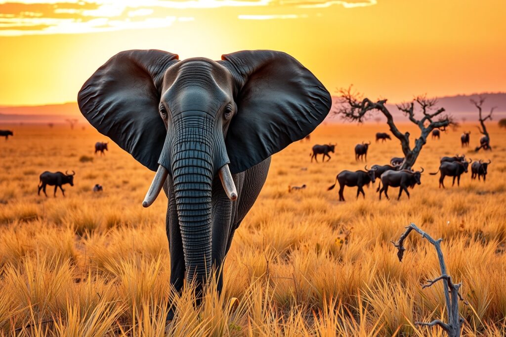 A Majestic Elephant Surrounded by Savanna – free AI stock image