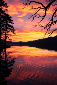 A Reflective Lake at Sunset – free AI stock image