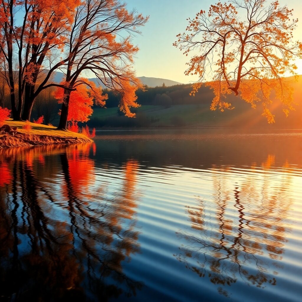 A Reflective Lake Surrounded by Autumn Foliage – free AI stock image
