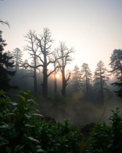 A Serene Forest Background at Dawn – free AI stock image