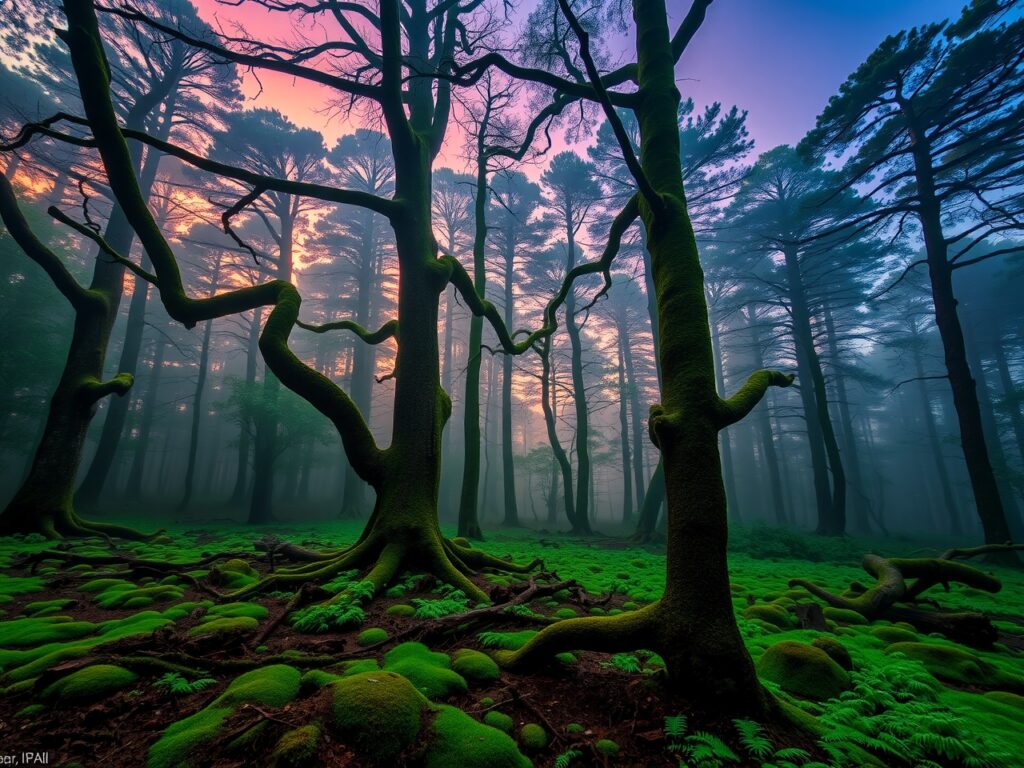 A Serene Forest Background at Dusk – free AI stock image