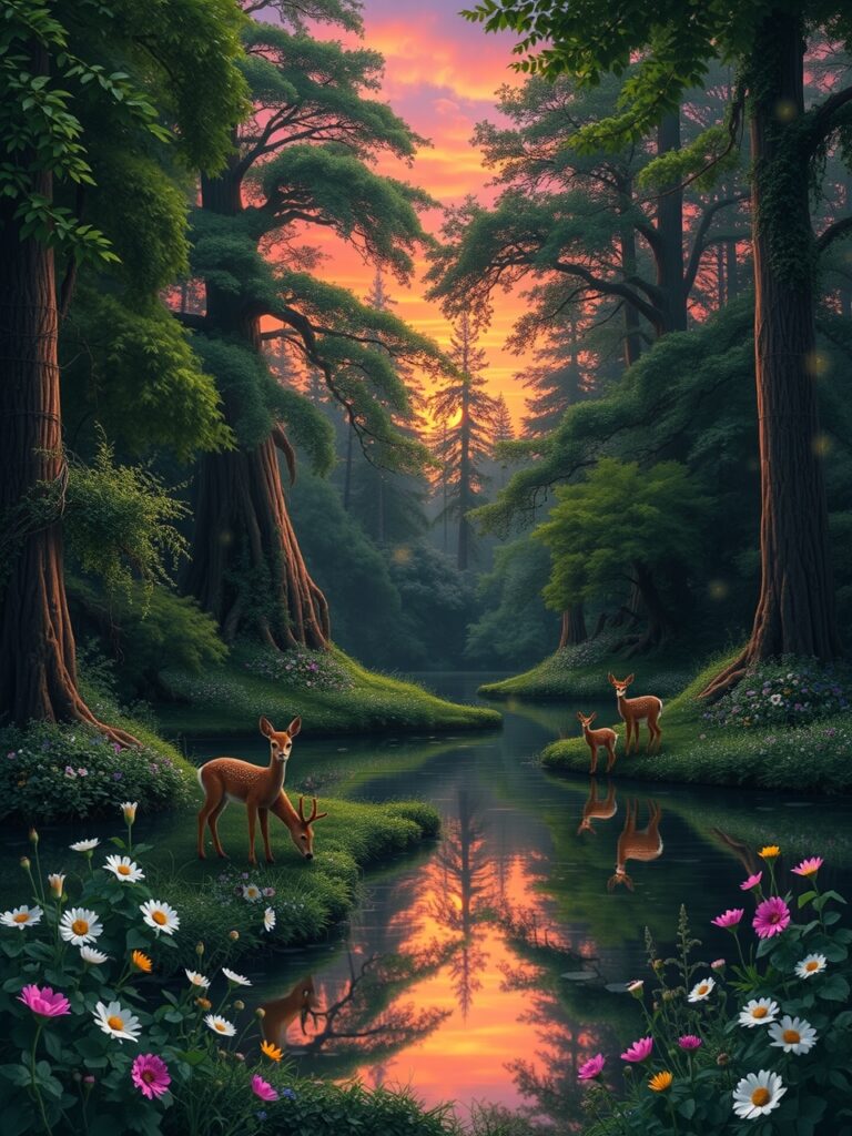 A Serene Forest Oasis at Dusk – free AI stock image