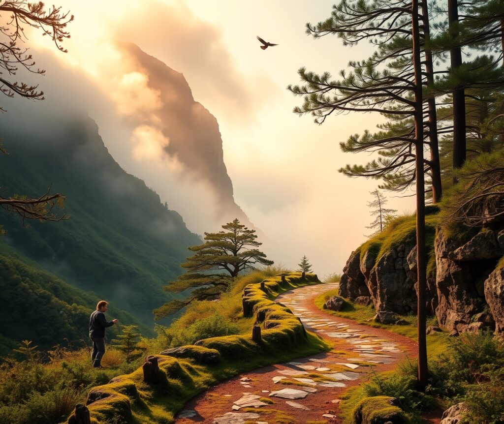 A Serene Journey Through Misty Mountains – free AI stock image