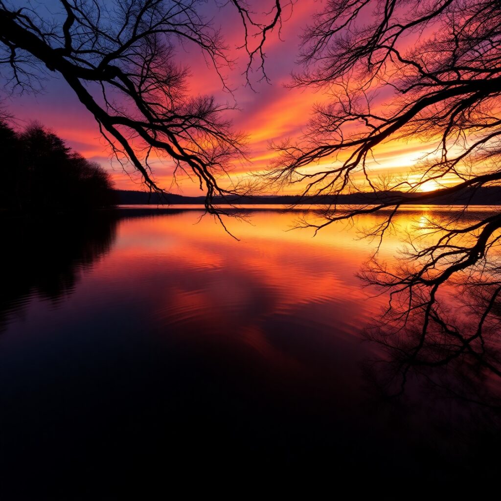 A Serene Lake at Dusk with Reflections – free AI stock image