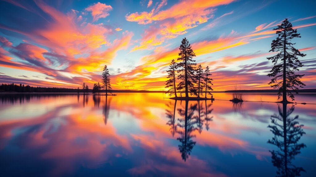 A Serene Lake at Sunset with Reflections – free AI stock image