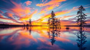 A Serene Lake at Sunset with Reflections – free AI stock image