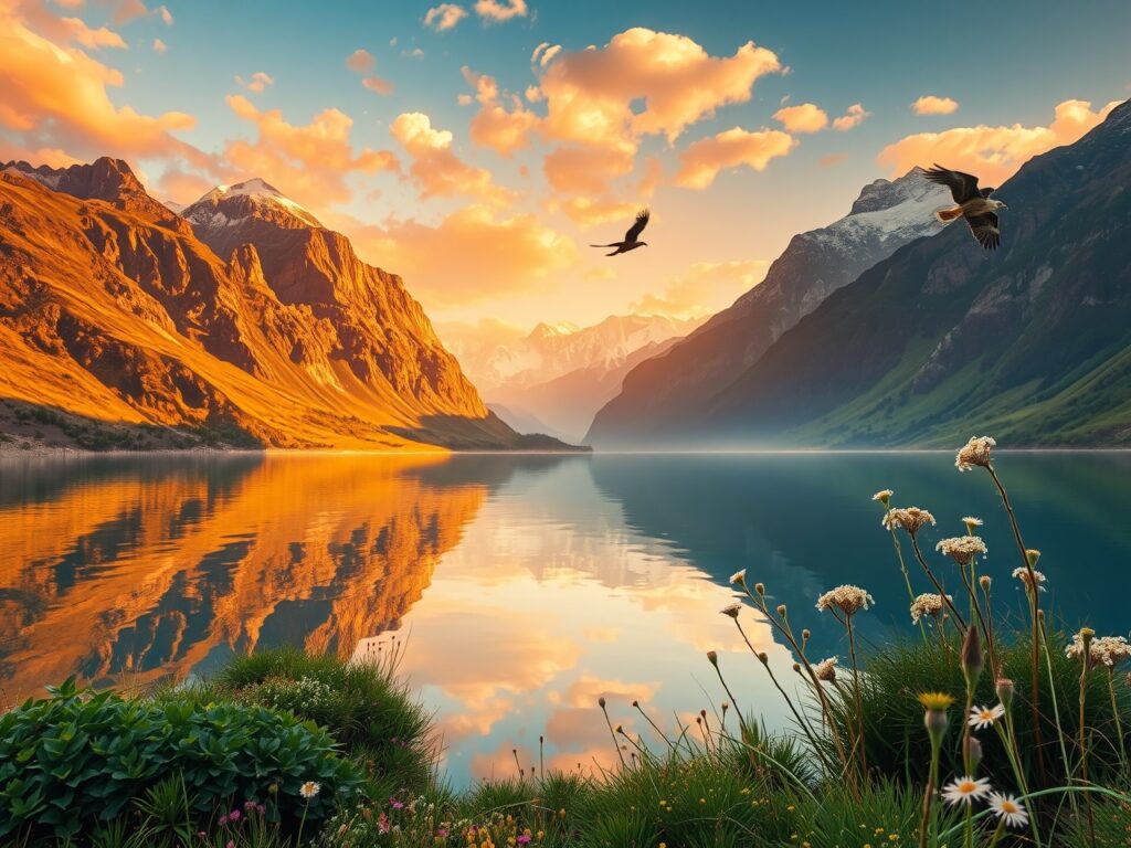 A Serene Lake Reflecting Majestic Mountains – free AI stock image