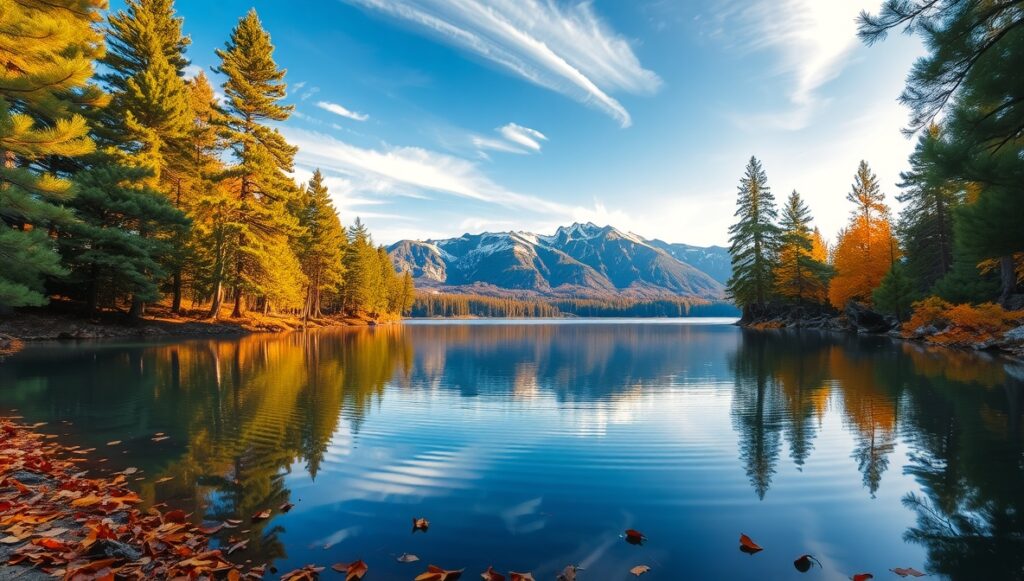 A Serene Lake Surrounded by Majestic Pines – free AI stock image