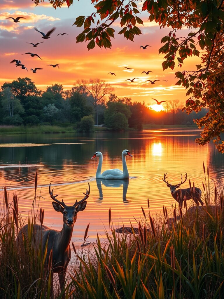 A Serene Lake Surrounded by Wildlife – free AI stock image