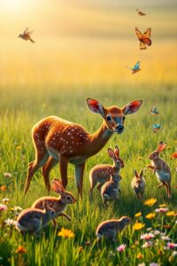 A Serene Meadow Filled with Wild Animals – free AI stock image