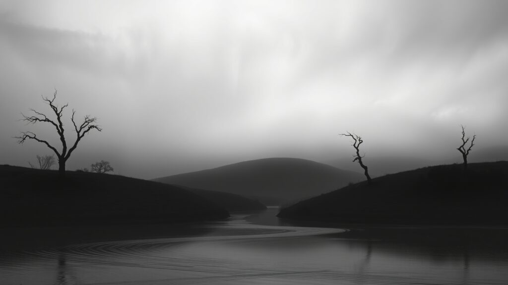A Serene Monochrome Landscape under a Foggy Sky image – free AI stock image