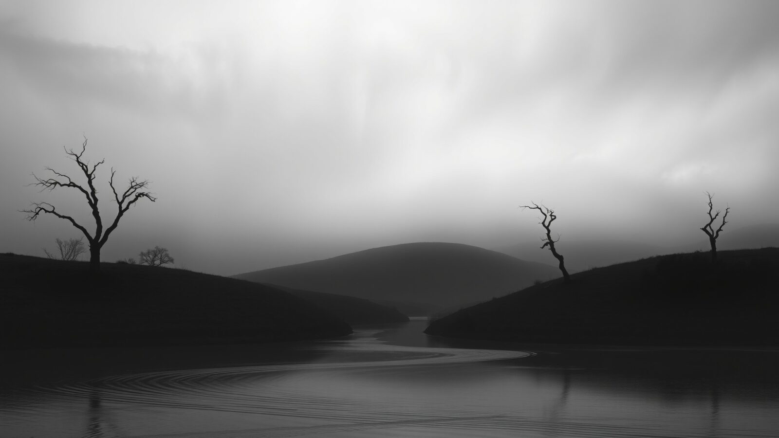 a serene monochrome landscape under a foggy sky
