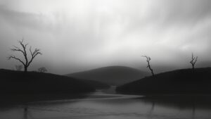 A Serene Monochrome Landscape under a Foggy Sky image – free AI stock image