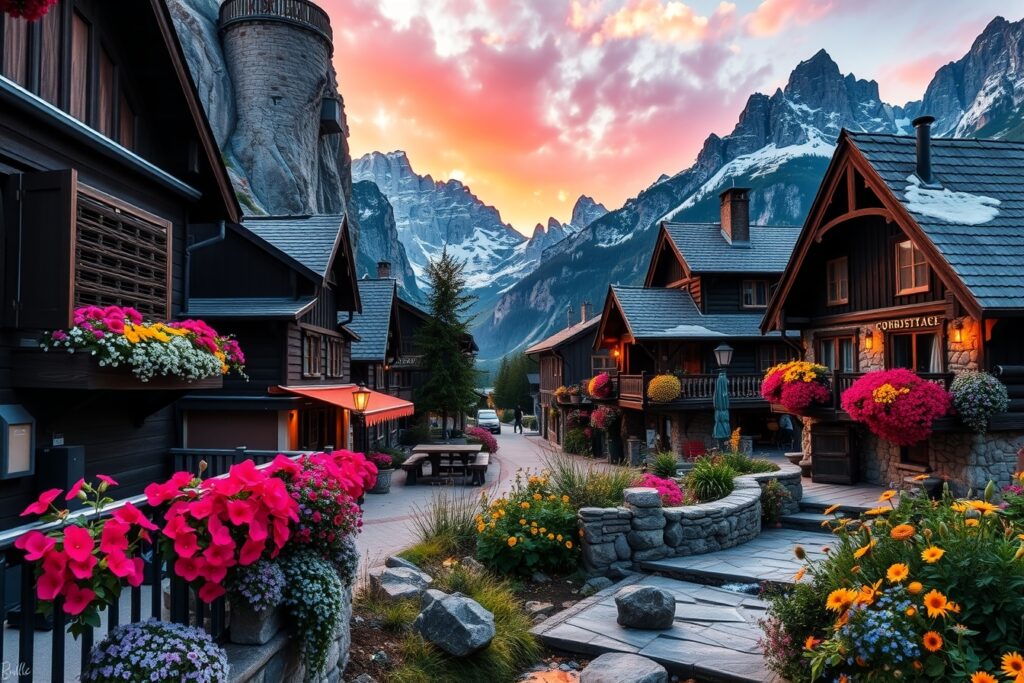 A Serene Mountain Village at Dusk – free AI stock image