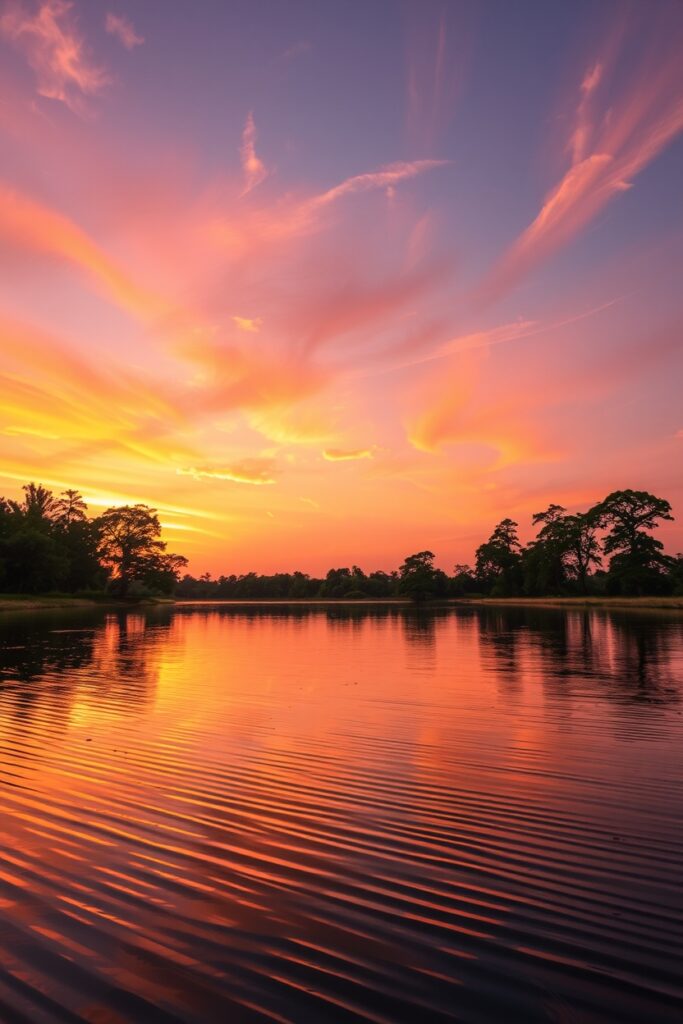 A Serene Sunset Over Tranquil Lake – free AI stock image