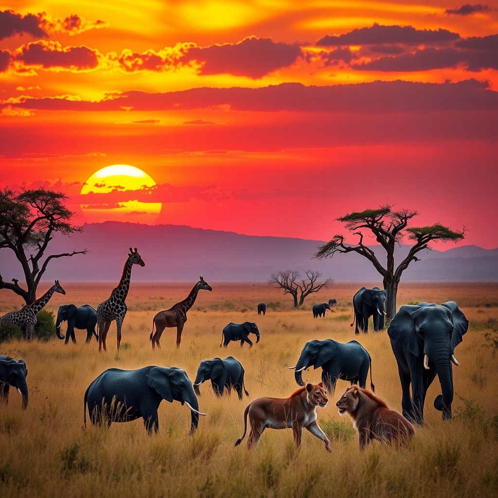 A Serengeti Sunset with Majestic Animals – free AI stock image