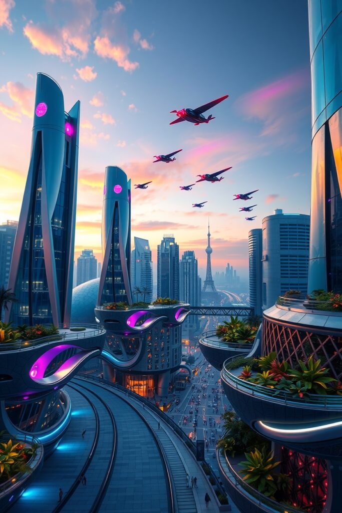 A Stunning Futuristic Cityscape at Dusk – free AI stock image