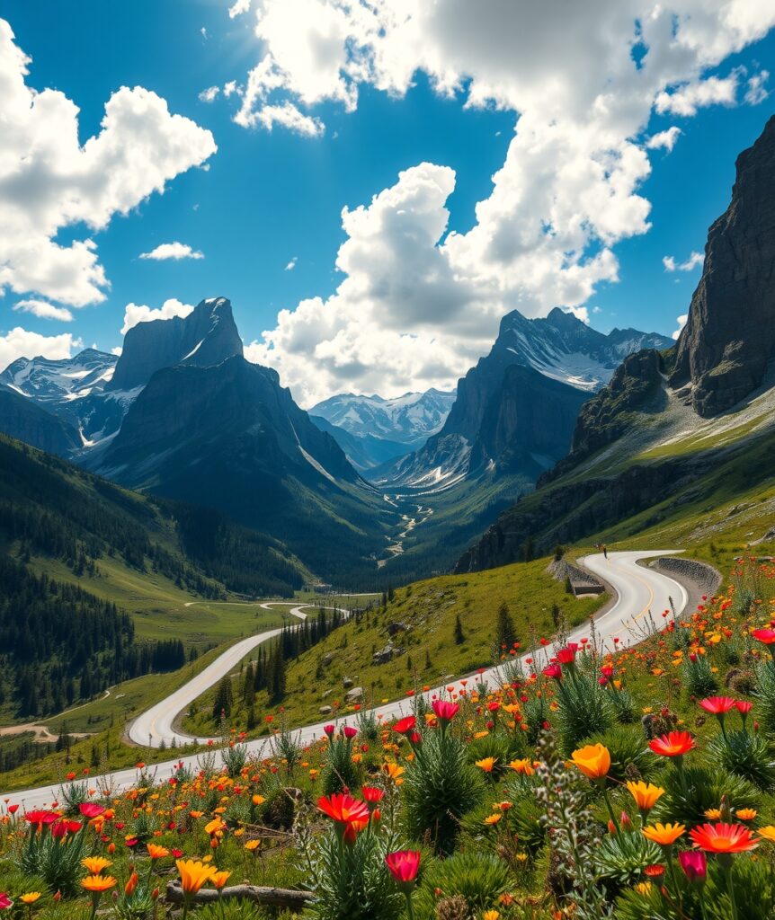 A Sunlit Road Through Mysterious Mountains – free AI stock image
