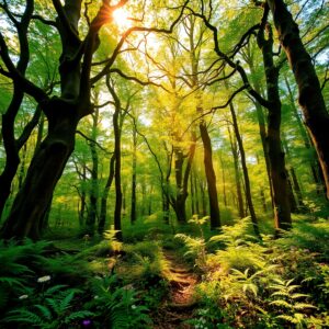 A Tranquil Forest Amidst Dappled Sunlight – free AI stock image
