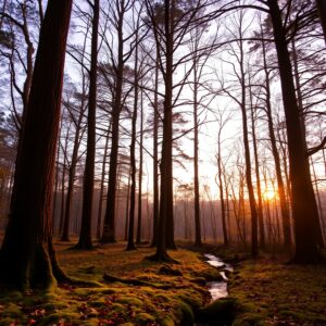 A Tranquil Forest Background at Dusk – free AI stock image