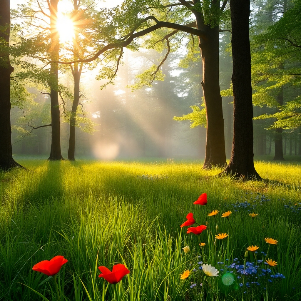 A Tranquil Forest Clearing at Sunrise – free AI stock image
