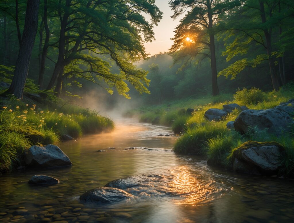 A Tranquil Forest Stream at Dawn – free AI stock image