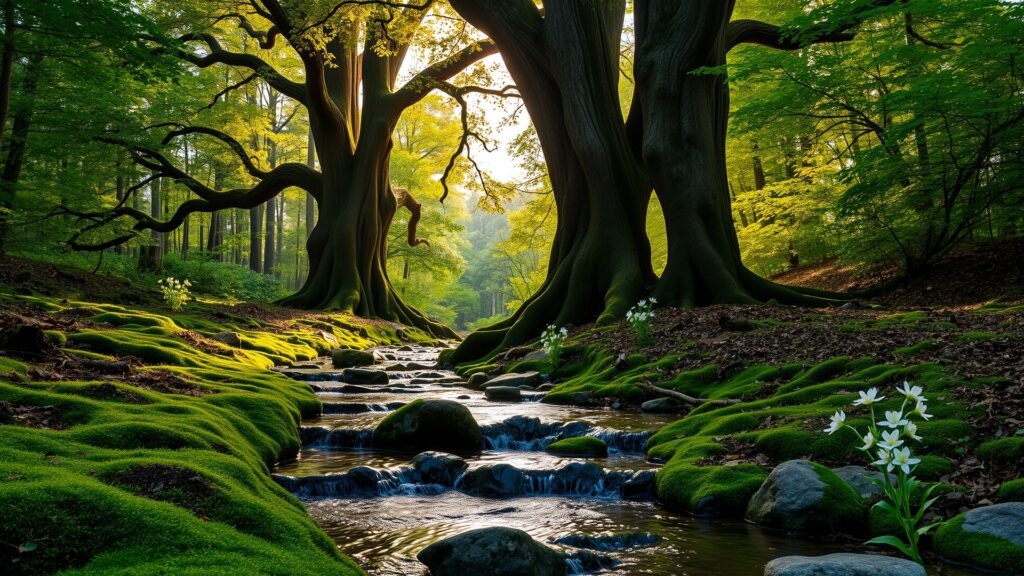 A Tranquil Forest Stream at Dawn – free AI stock image