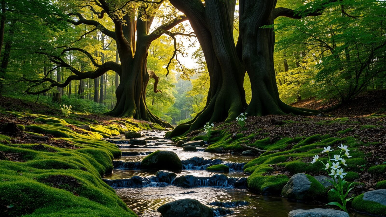 a tranquil forest stream at dawn