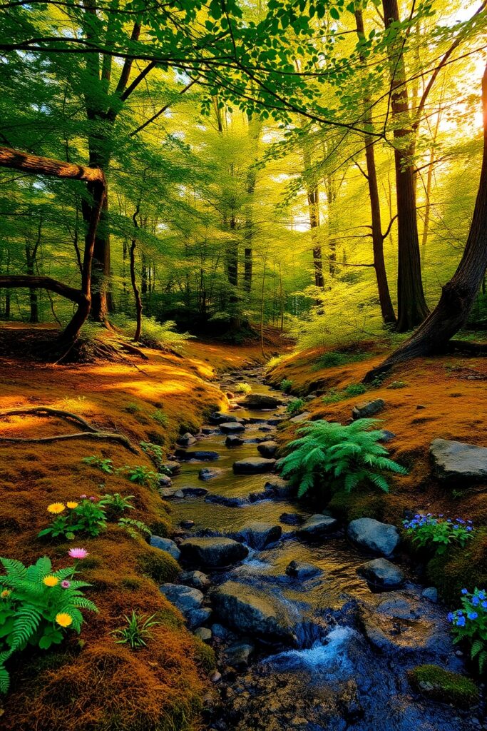 A Tranquil Forest Stream Under the Sun – free AI stock image