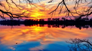 A Tranquil Lake at Sunset with Reflective Waters Image – free AI stock image