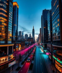 A Vibrant Cityscape at Dusk – free AI stock image
