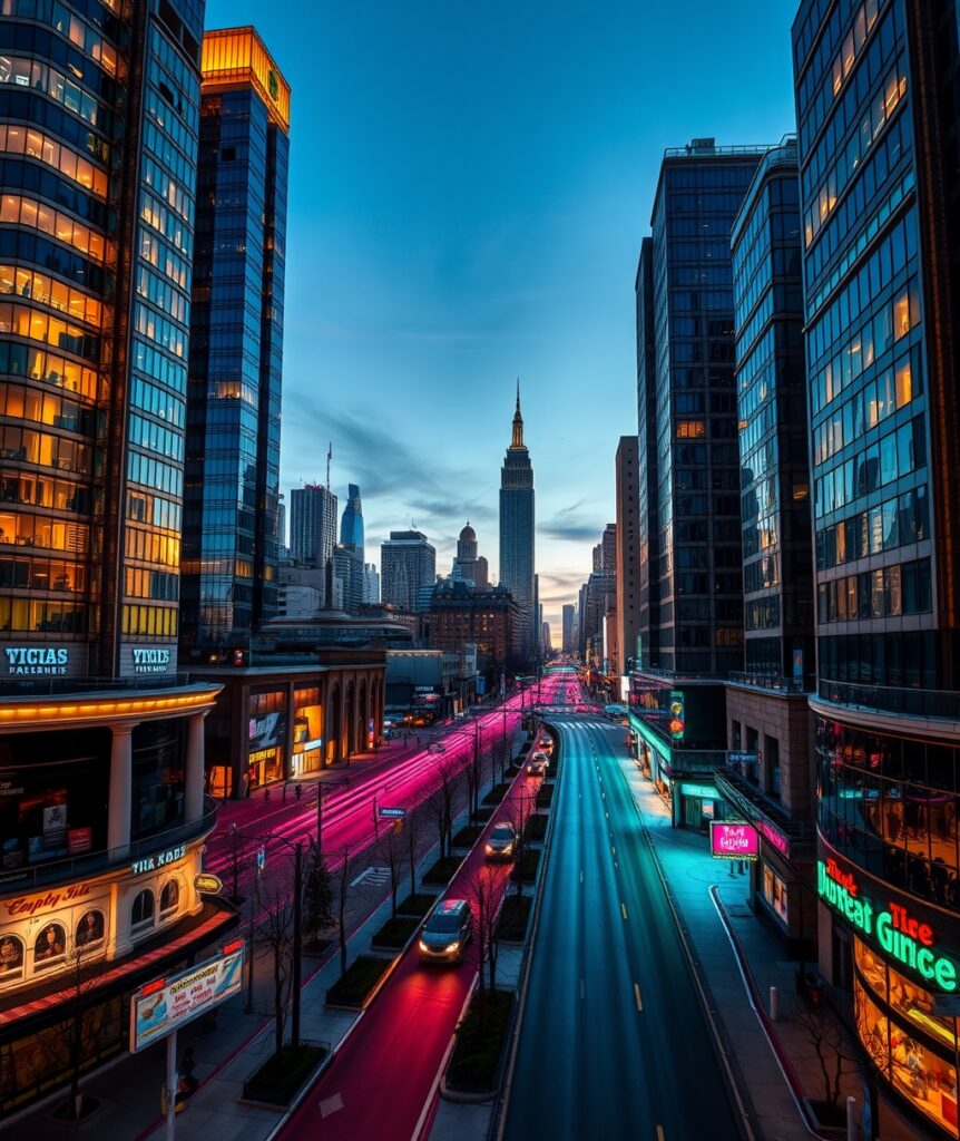A Vibrant Cityscape at Dusk – free AI stock image